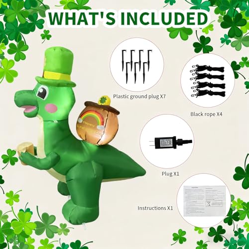InfleasJoiy 4FT Dinosaur Carrying a Cylinder Inflatable Decoration St. Patrick's Day Decoration with LED Lights for Holiday Celebration Decorations for Yard, Lawn and Patio - Image 5