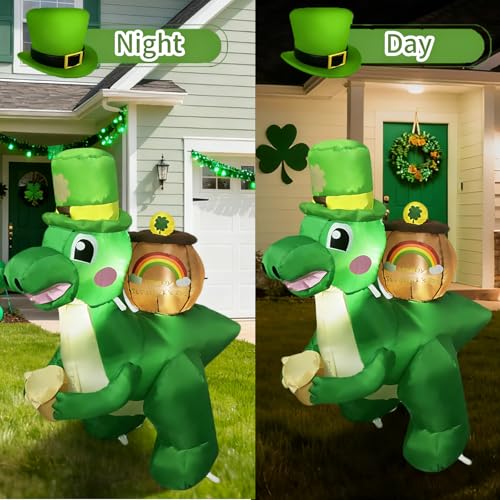 InfleasJoiy 4FT Dinosaur Carrying a Cylinder Inflatable Decoration St. Patrick's Day Decoration with LED Lights for Holiday Celebration Decorations for Yard, Lawn and Patio - Image 3