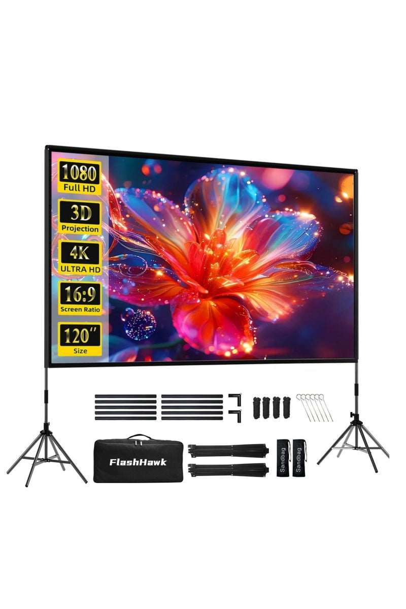 Flash Hawk Projector Screen with Stand -120 inch 16:9 4K HD Portable Outdoor Indoor Projector Screen Rear Front Projection Screen Lightweight Movie Screen with Four-Legged Frame Carry Bag for Home Theater  - Image 1