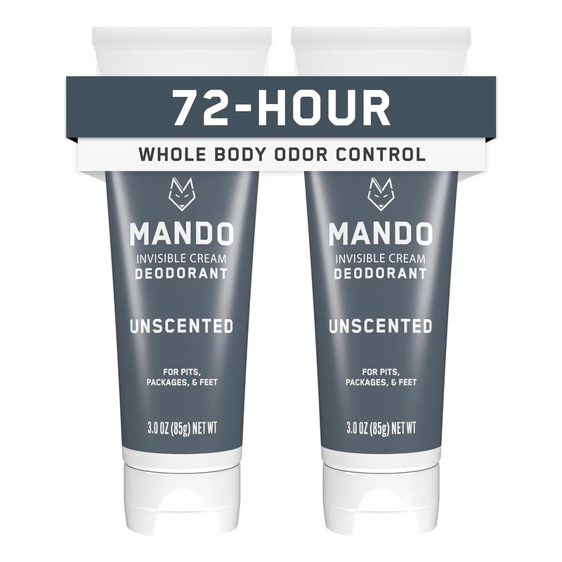 Mando Whole Body Deodorant For Men - Invisible Cream - 72 Hour Odor Control - Aluminum Free, Baking Soda Free, Skin Safe - 3 ounce (Pack of 2) - Unscented
