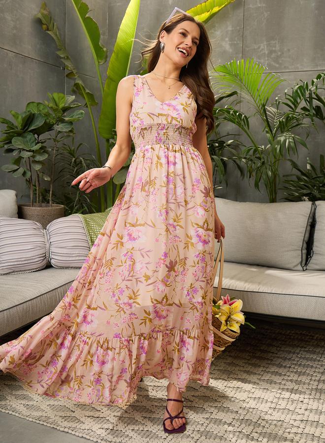 Sassafras Beige Floral Sleeveless Maxi Dress - Image 1