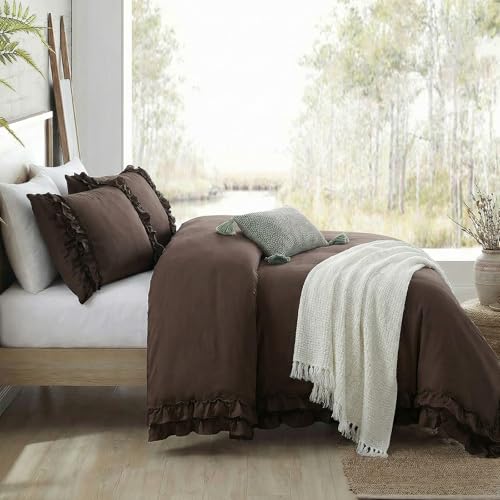 Bedorm Dark Brown Duvet Cover Set Elegant Ruffled Bedding Queen Shabby Chic Lace Ruffle Boho Bedroom Decor Vintage Boho Style Chocolate Duvet Cover with Pillowcases - Image 3