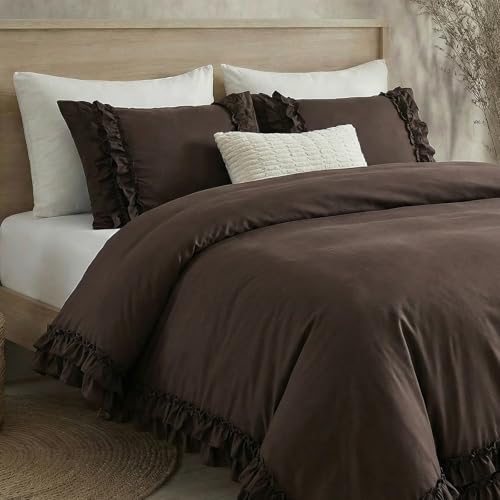 Bedorm Dark Brown Duvet Cover Set Elegant Ruffled Bedding Queen Shabby Chic Lace Ruffle Boho Bedroom Decor Vintage Boho Style Chocolate Duvet Cover with Pillowcases - Image 2