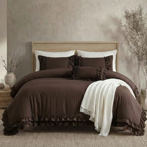 Bedorm Dark Brown Duvet Cover Set Elegant Ruffled Bedding Queen Shabby Chic Lace Ruffle Boho Bedroom Decor Vintage Boho Style Chocolate Duvet Cover with Pillowcases - Image 4