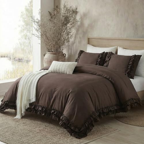 Bedorm Dark Brown Duvet Cover Set Elegant Ruffled Bedding Queen Shabby Chic Lace Ruffle Boho Bedroom Decor Vintage Boho Style Chocolate Duvet Cover with Pillowcases - Image 5