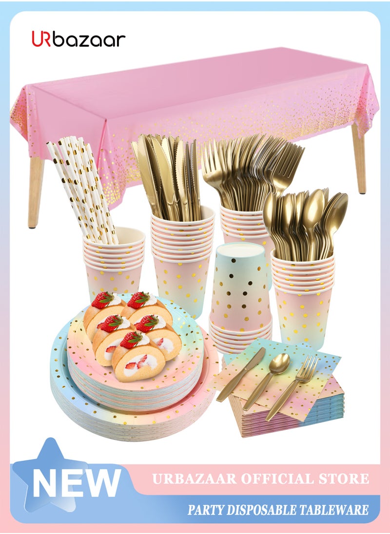 URbazaar - 200Pack Gradient gold polka dots Birthday Party Supplies, Birthday Plates and Napkins Party Supplies Tableware Set, Happy Birthday Decorations - Image 1