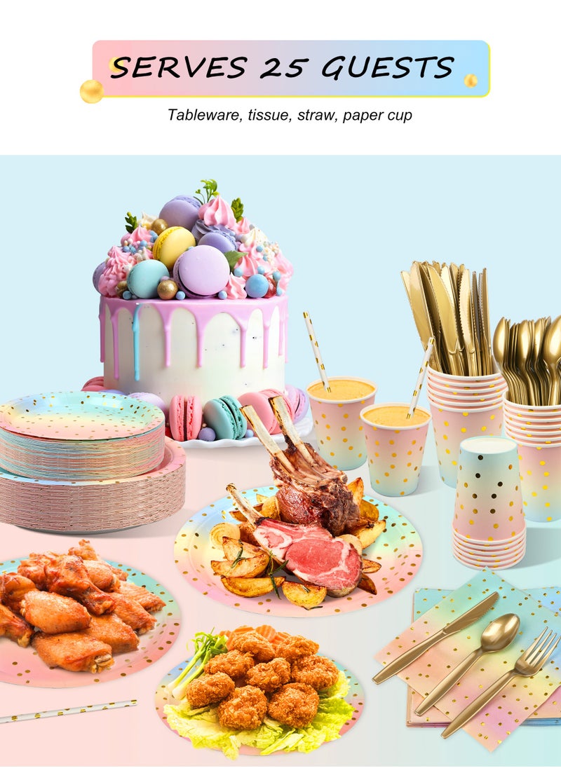 URbazaar - 200Pack Gradient gold polka dots Birthday Party Supplies, Birthday Plates and Napkins Party Supplies Tableware Set, Happy Birthday Decorations - Image 1