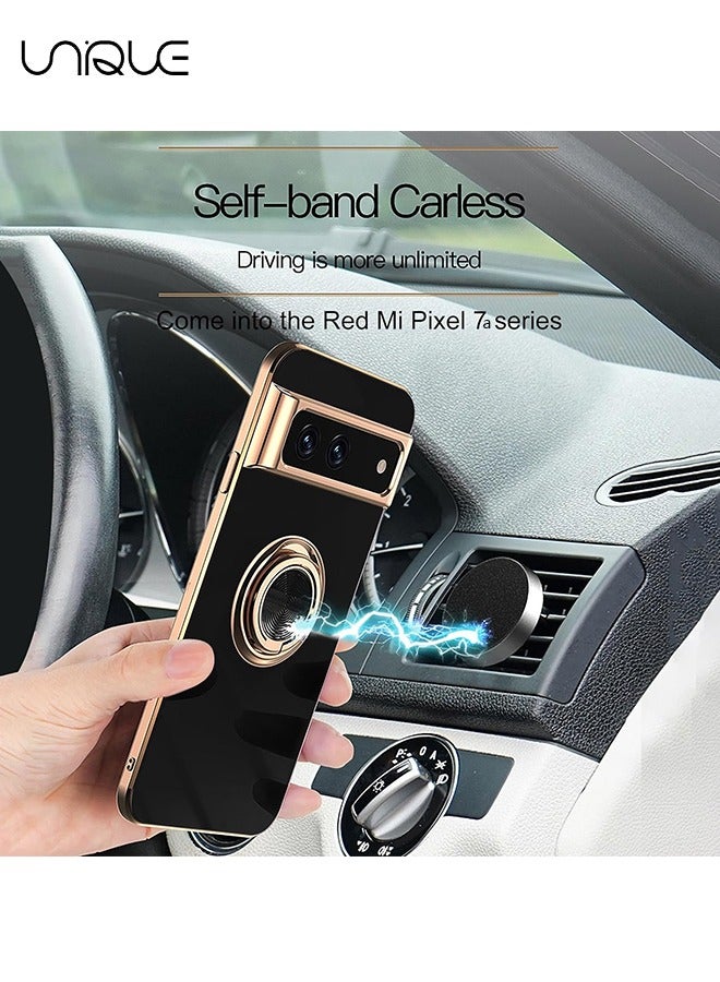 يونيك متوافق مع جوجل بكسل 7A القضية، مطلي حالات مضادة للخدش مع 360 درجة حامل حلقة حامل، لينة مرنة TPU الوفير صدمات القضية لجوجل بكسل 7A - أسود - Image 4