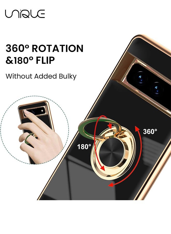 يونيك متوافق مع جوجل بكسل 7A القضية، مطلي حالات مضادة للخدش مع 360 درجة حامل حلقة حامل، لينة مرنة TPU الوفير صدمات القضية لجوجل بكسل 7A - أسود - Image 3