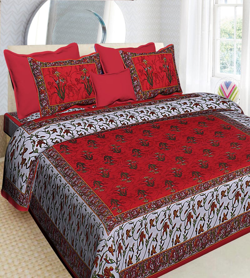 Ealth Kart Premium 100% Cotton Rajasthani Jaipuri Traditional King Size Double Bedsheet with 2 Pillow Covers (Red) - Image 1