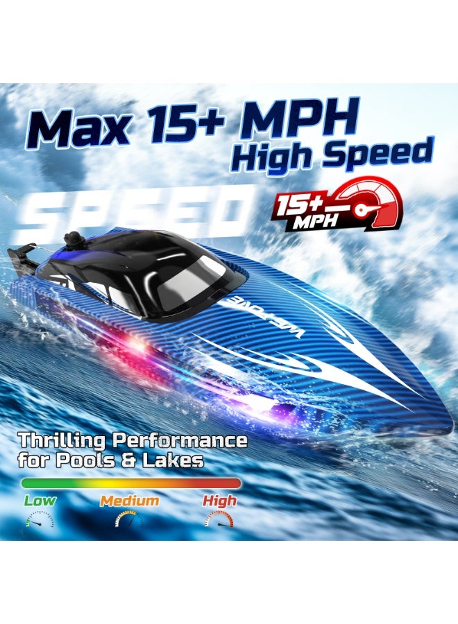 RC Boats for Adults, Remote Control Boat for Pools and Lakes, WF17 25+ KMH Fast RC Speed Boat with 7 LED Light Modes for Kids 8-12, Summer Toys for Boys Girls, 2 Batteries for 30-40 Mins, Blue - Image 2