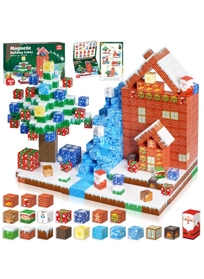 NIBEMINENT Christmas Magnetic Blocks - 150PCS Magnetic Building Blocks Magnet Cubes Stacking, STEM Montessori Sensory Toys for Kids Boys Girls Ages 3-5 6-8 Christmas Holiday Easter Birthday Gifts - Image 1