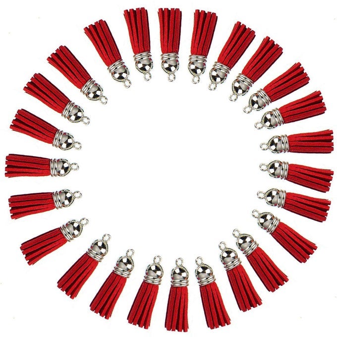 KEYCHAIN TASSELS LEATHER TASSEL PENDANTS WITH SILVER WHITE CAPSTASSEL CHARM FOR JEWELRY MAKING KEYCHAIN BRACELETS RING CRAFTS 30PCS112 INCHRED