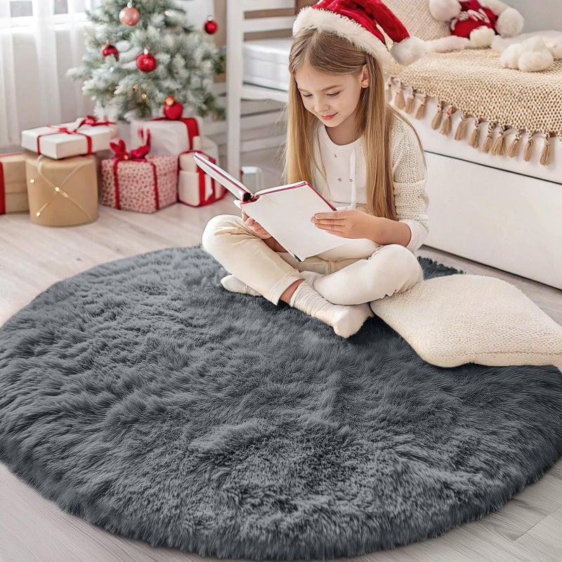 OLANLY Grey Round Rugs for Bedroom  Machine Washable 4 ft Circle Area Rugs for Living Room Soft and Fluffy Shaggy Carpet for Teen Girls and Boys Nursery Rooms Dorms Home Decor Aesthetic