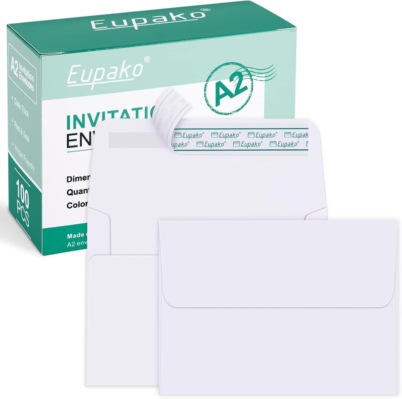 Eupako A2 White Paper Envelopes 100 Pack 4.375x5.75" Invitation Envelopes Self Seal for RSVP, Wedding, Thank you Notes, Greeting Cards, Photos, Announcements - Image 1