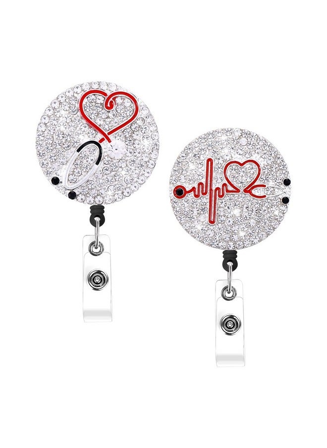 Prasacco 2 Pieces Rhinestone Nurse Badge Reel Retractable Bling Nurse Id Badge Holder With Clip Diamond Heart Badge Reel Name Card Badge Reel Nursing Badge Holder For Nurse Students Doctor Gift  - Image 1