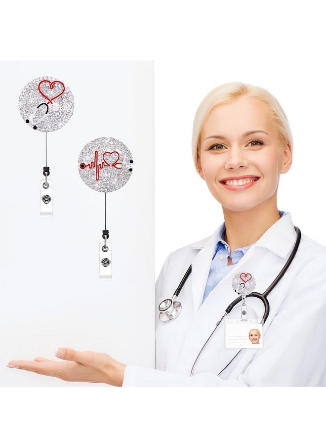 Prasacco 2 Pieces Rhinestone Nurse Badge Reel Retractable Bling Nurse Id Badge Holder With Clip Diamond Heart Badge Reel Name Card Badge Reel Nursing Badge Holder For Nurse Students Doctor Gift  - Image 4