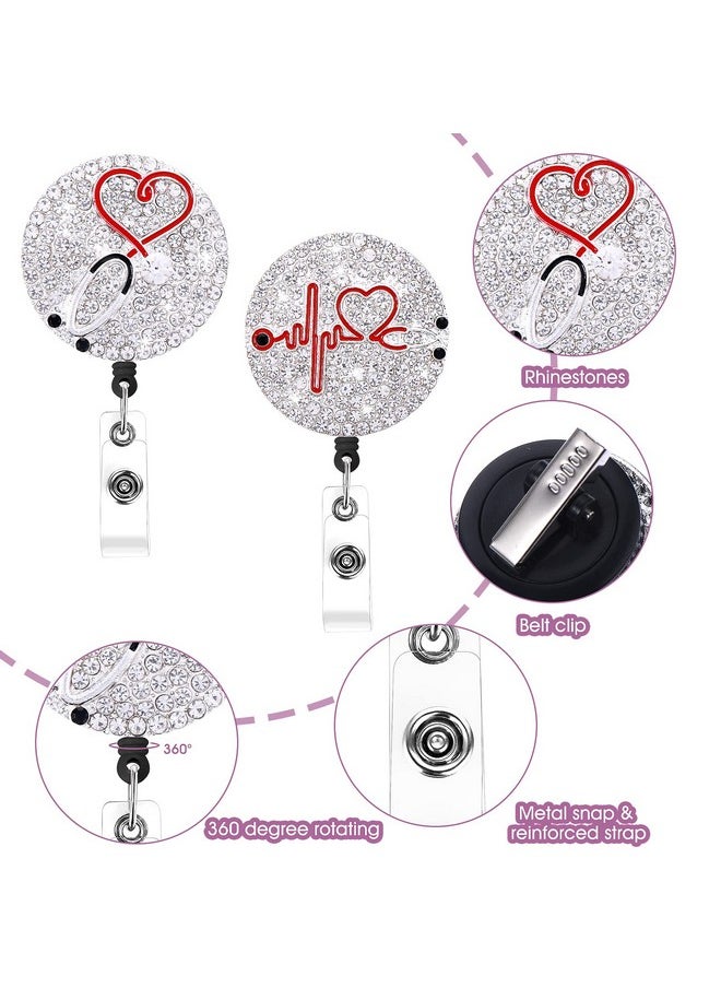 Prasacco 2 Pieces Rhinestone Nurse Badge Reel Retractable Bling Nurse Id Badge Holder With Clip Diamond Heart Badge Reel Name Card Badge Reel Nursing Badge Holder For Nurse Students Doctor Gift  - Image 3