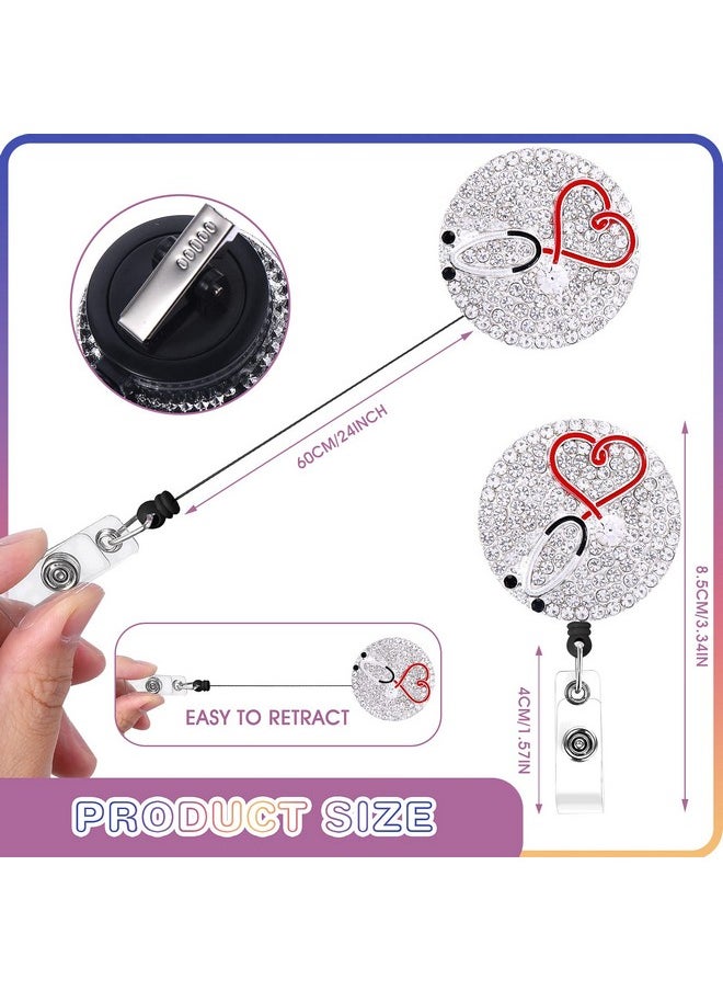 Prasacco 2 Pieces Rhinestone Nurse Badge Reel Retractable Bling Nurse Id Badge Holder With Clip Diamond Heart Badge Reel Name Card Badge Reel Nursing Badge Holder For Nurse Students Doctor Gift  - Image 2