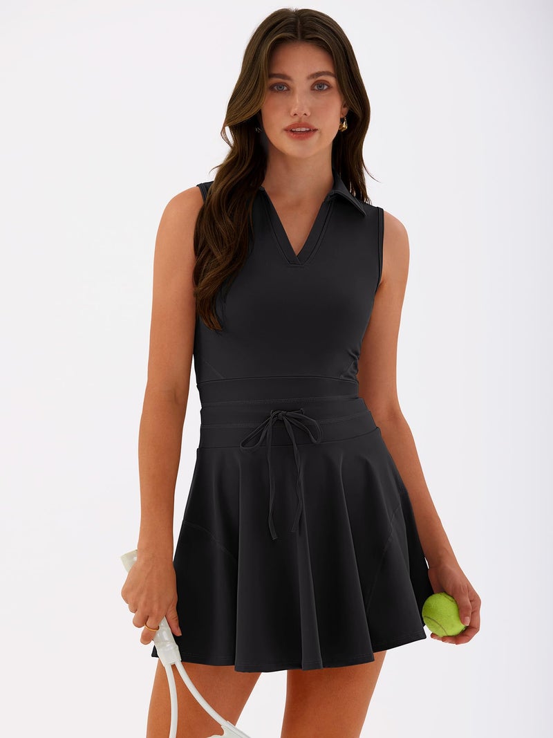 Caracilia Womens Golf Tennis Dress 2 Piece Sets Polo Neck Sleeveless Workout Athletic Summer Mini Dresses with Shorts Pockets Small Black - Image 2