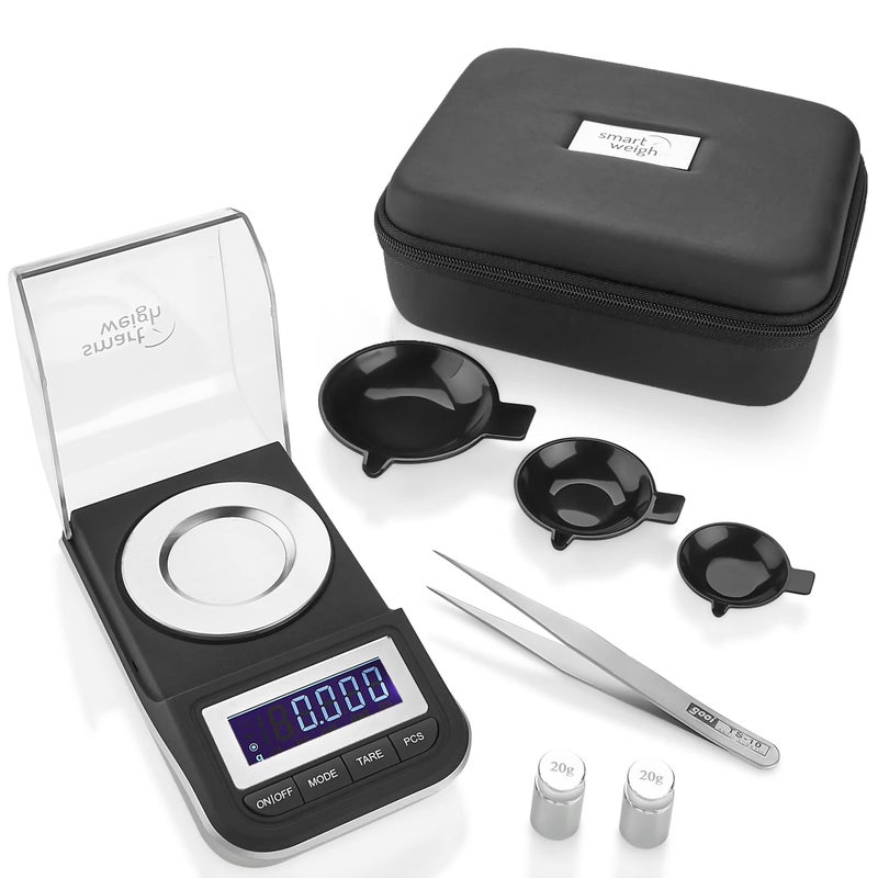 Smart Weigh 50g x 0001 Grams Premium High Precision Digital Milligram Scale Includes Tweezers Calibration WeightsThree Weighing Pans and Case