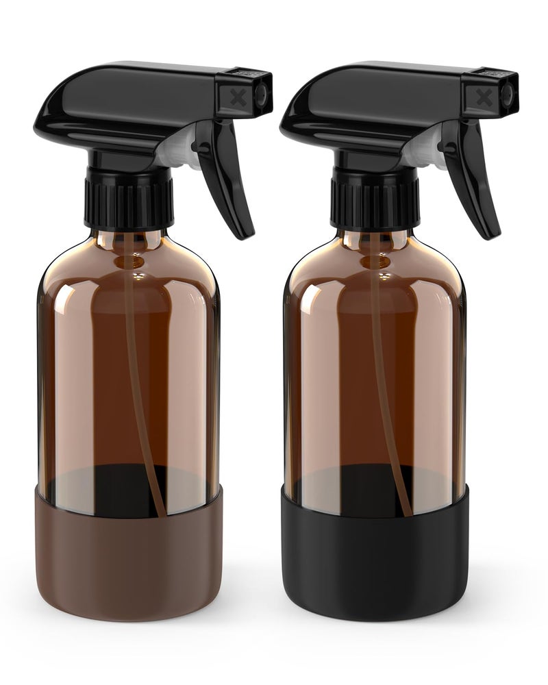 Bontip Glass Spray Bottle with Silicone Sleeve Protection, Amber Glass Spray Bottle Set for Window Cleaner Aromatherapy Facial Hydration Watering Flowers Hair Care 2 Pack/8 oz (Black & Brown) - Image 1