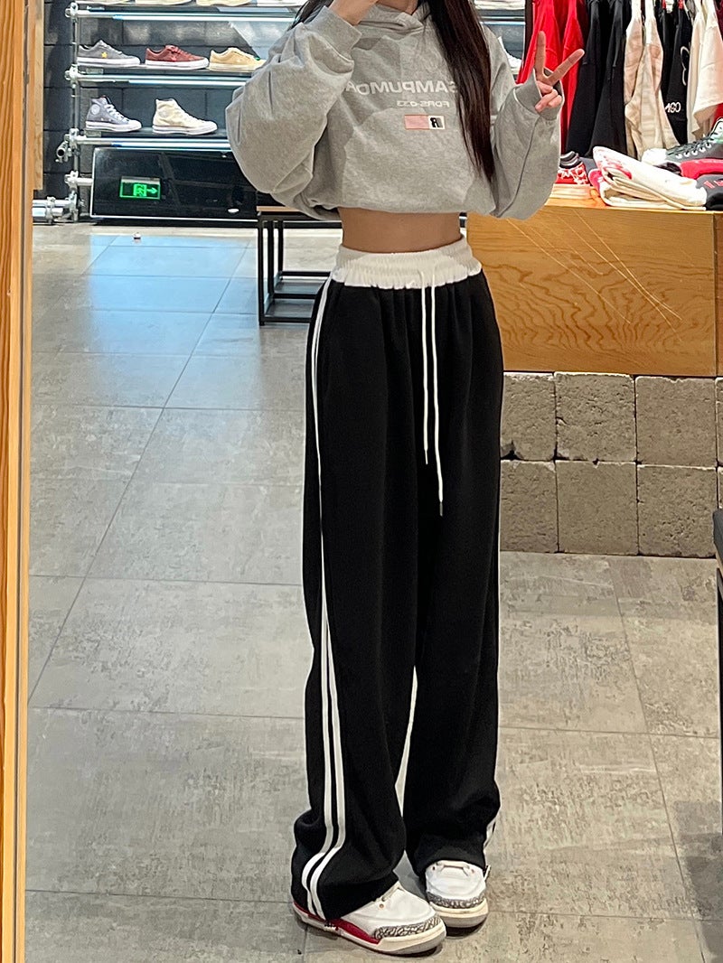 Casual Sports Pants Womens Autumn New Korean-style High Waist Loose Straight Tube Long Pants with Bar Stitching Trendy Sweatpants Black 
