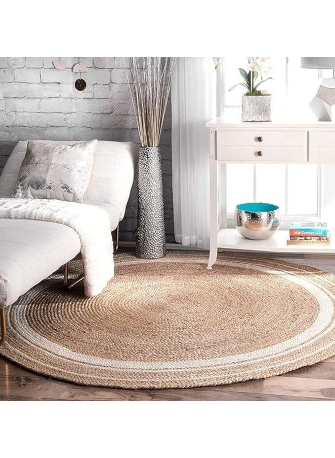 LINGWEI Handwoven Jute Area Rug Round Natural Beige Braided Reversible Mat - Image 5