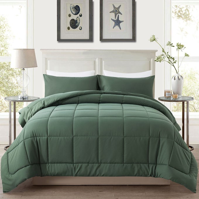 ALL SEASONS SAGE GREEN BEDDING COMFORTERS SETS WITH 2 PILLOW CASES 3 PIECES DOWN ALTERNATIVE COMFORTER SET BEDDING COMFORTER SETS QUEEN LIGHTWEIGHT AND NOISELESS QUEEN88X90 INCHES