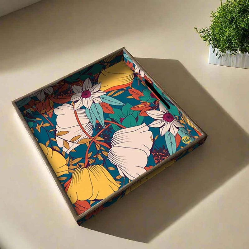 Nutcase صينية تقديم خشبية مصممة، نمط زهور، خشب مانجو، طبق طعام زخرفي - Image 1