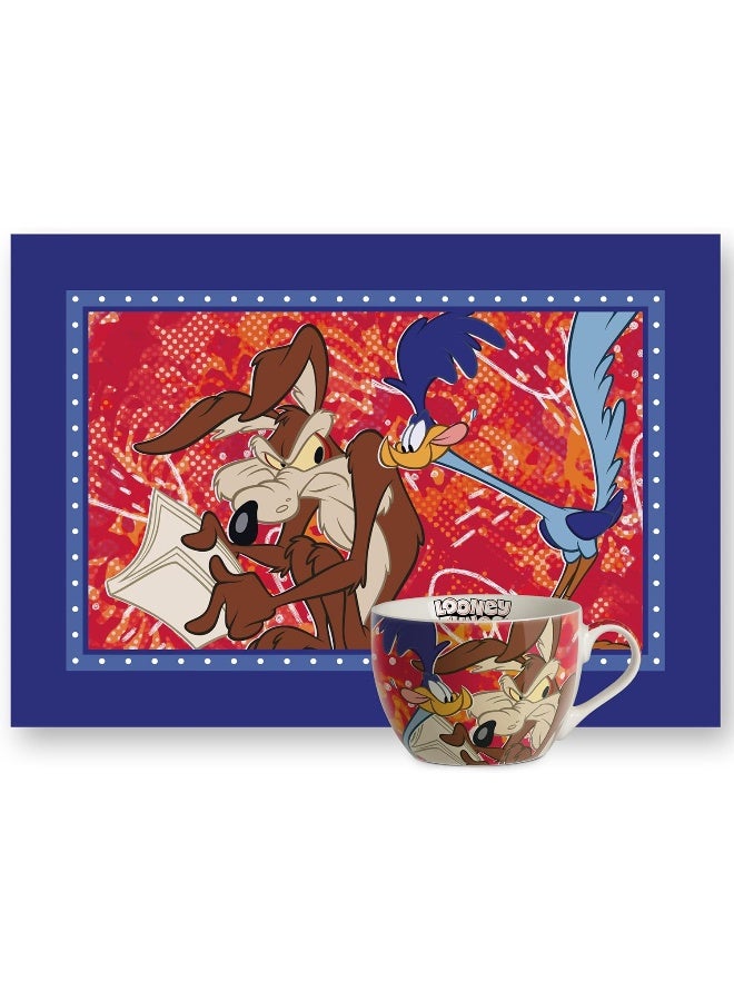 EGAN Looney Tunes Breakfast Set – Cup & Cotton Placemat – 2-Piece Kids Breakfast Set Featuring Looney Tunes characters – Tableware (WILE E. COYOTE AND THE ROAD RUNNER)