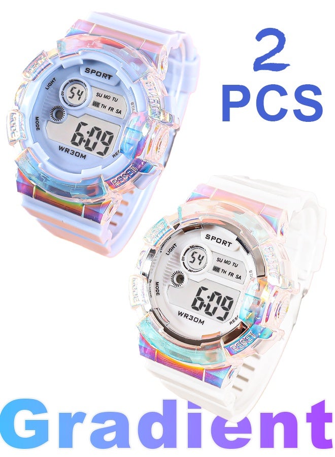COOBOS 2pcs Kids Watch Boys Girls, Gradient Multifunctional Waterproof Watch For Kids, Digital Watch For Timing (Blue and White) - Image 1