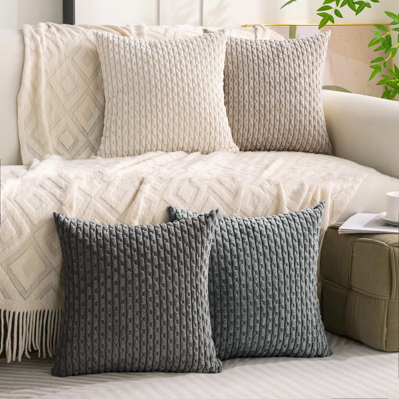 Cozoomy Set of 4 Grey White Taupe Decorative Throw Pillow Covers 18x18 Inch Corduroy Pillow Covers for Bed Couch Sofa Living Room Soft Square Cushion Cases - Image 2
