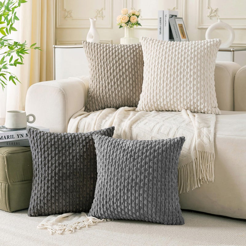 Cozoomy Set of 4 Grey White Taupe Decorative Throw Pillow Covers 18x18 Inch Corduroy Pillow Covers for Bed Couch Sofa Living Room Soft Square Cushion Cases - Image 1