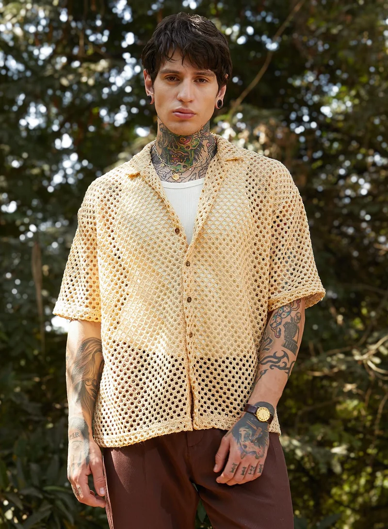 Campus Sutra Campus Sutra Men's Buff Beige Open-Knit Resort Oversized Shirt For Casual Wear | Cuban Collar | Short Regular Sleeves | Button Closure | Oversized Shirt Crafted With Comfort Fit For Everyday Wear