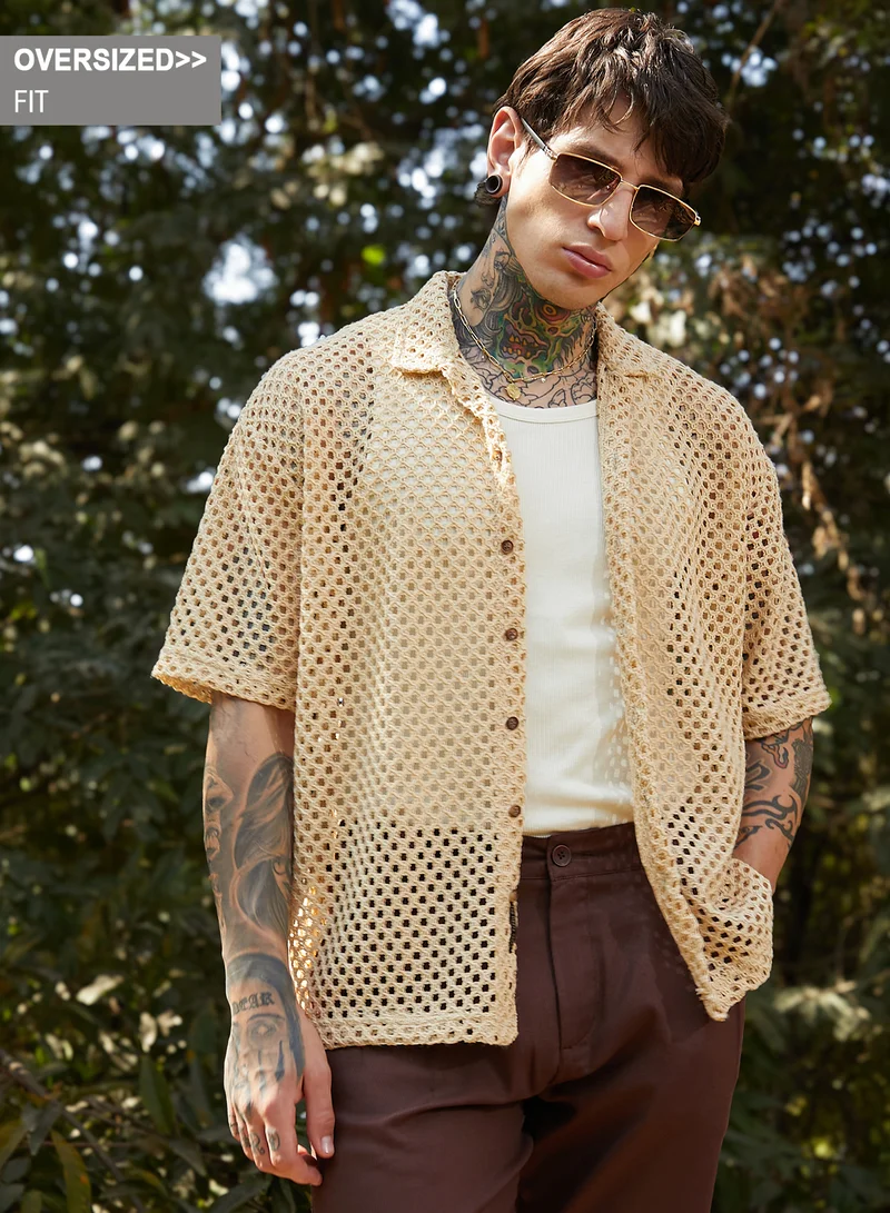 Campus Sutra Campus Sutra Men's Buff Beige Open-Knit Resort Oversized Shirt For Casual Wear | Cuban Collar | Short Regular Sleeves | Button Closure | Oversized Shirt Crafted With Comfort Fit For Everyday Wear