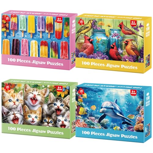 Jeacirio 4Pack 100 Piece Puzzles for Kids Ages 46 68 Popsicles Birds Dolphin Cat Large Puzzles for Kids 810 Years Old 100 Piece Jigsaw Puzzles for Seniors Adults Toddler Children Learning Educational Toys - Image 1