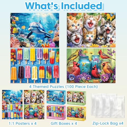 Jeacirio 4Pack 100 Piece Puzzles for Kids Ages 46 68 Popsicles Birds Dolphin Cat Large Puzzles for Kids 810 Years Old 100 Piece Jigsaw Puzzles for Seniors Adults Toddler Children Learning Educational Toys - Image 5