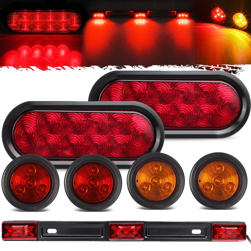 Partsam 12v LED Truck Trailer Light Kit Waterproof2x 6 Oval Red Stop Turn Tail Brake Lights1417 Red 3 Light 9 LED Stainless Steel ID Light Bar2xRed2xAmber 2 Round 4 LED Side Marker Lamps