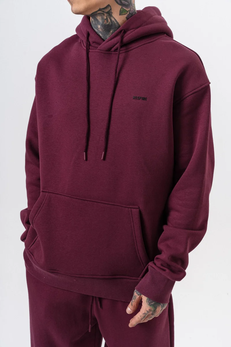 ريسباير هودي رجالي أساسي واسع (Oversize) بغطاء رأس بتفاصيل نص "Respire" لون كرزي (Vişne)