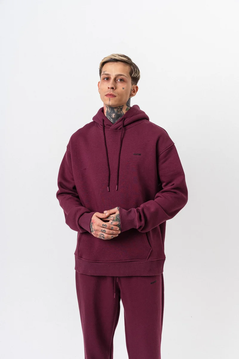 ريسباير هودي رجالي أساسي واسع (Oversize) بغطاء رأس بتفاصيل نص "Respire" لون كرزي (Vişne)