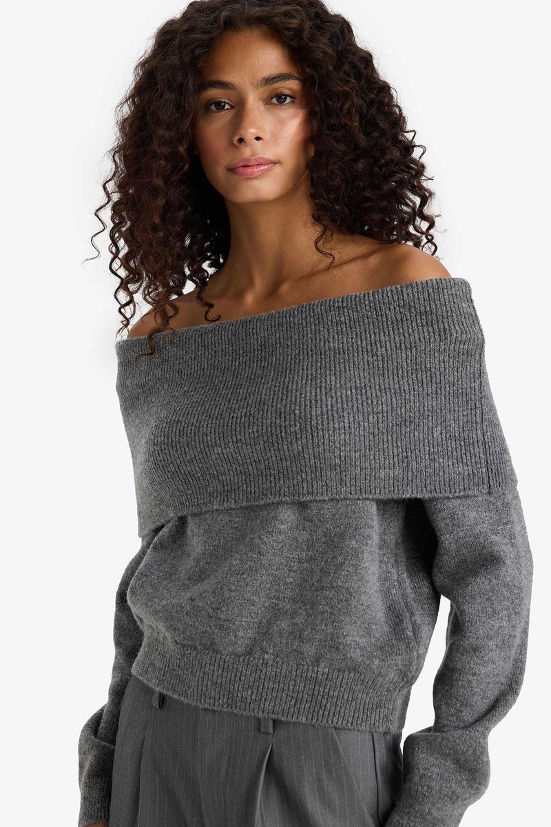 DeFacto Grey Woman Regular Fit Off Shoulder Pullover Casual - Image 3