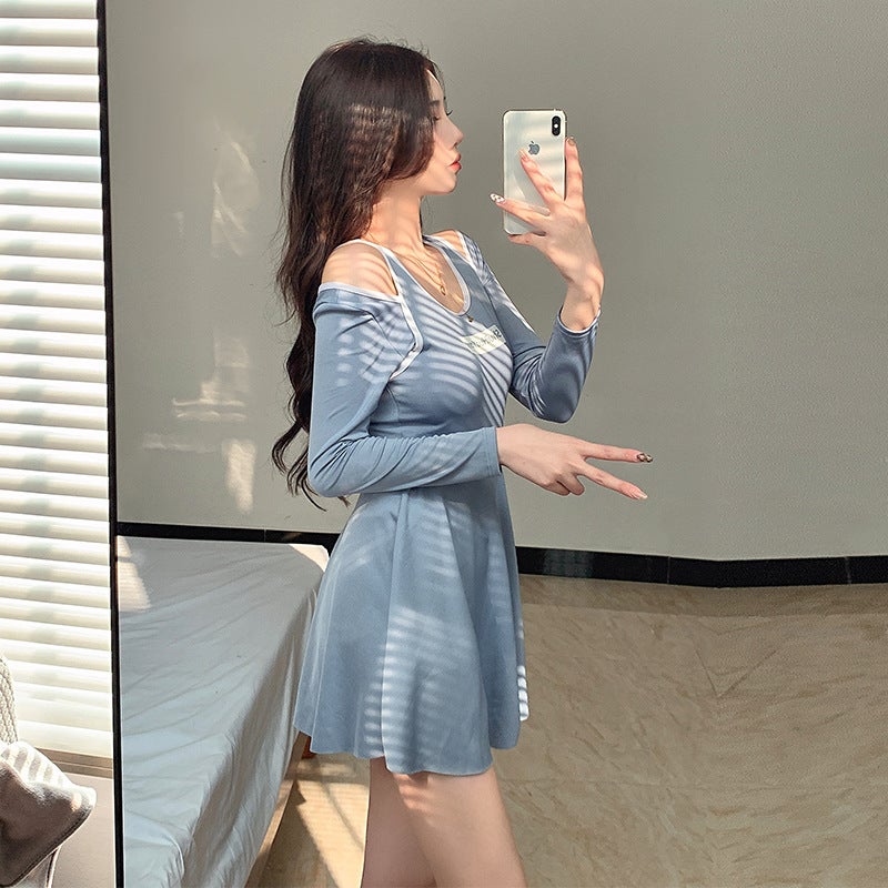 Korean Sexy One-Piece Swimsuit for Women, College Style, New Long-Sleeved Sunscreen, Small Breast Push-Up, Super Fairy Hot Spring Swimsuit - Image 4
