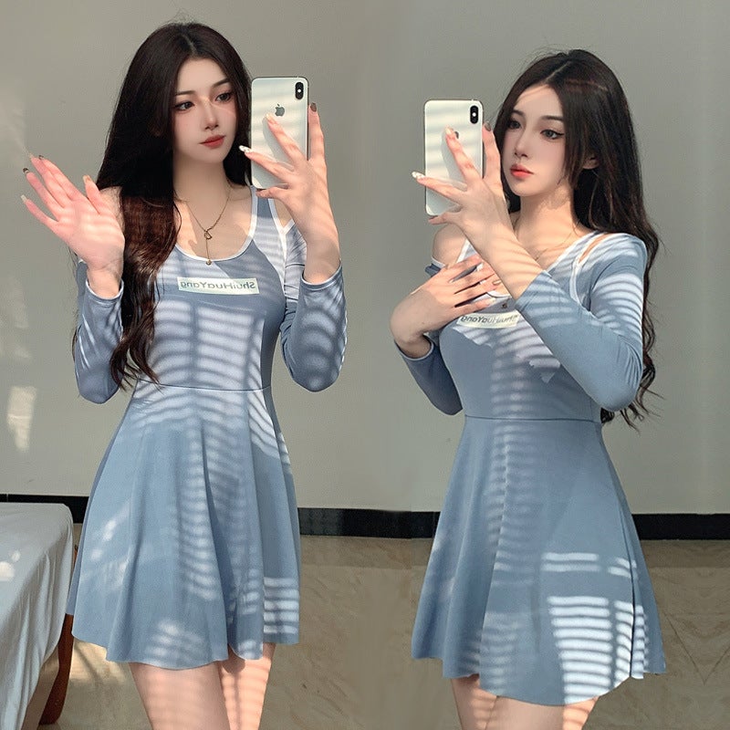 Korean Sexy One-Piece Swimsuit for Women, College Style, New Long-Sleeved Sunscreen, Small Breast Push-Up, Super Fairy Hot Spring Swimsuit - Image 2