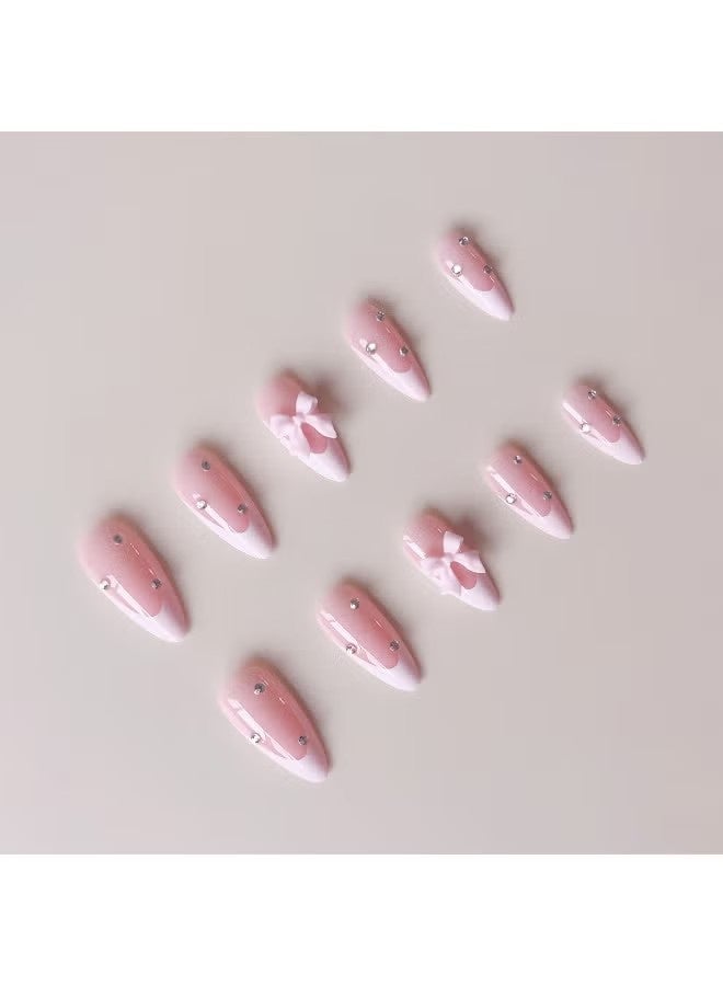 24-Piece Full Cover False French Tip Press on Nails,Medium Fake Nails Almond Glue on Nails Bow Charm Pearl Design Acrylic Nails(Pink) - Image 3