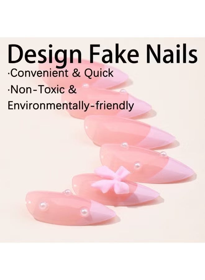 24-Piece Full Cover False French Tip Press on Nails,Medium Fake Nails Almond Glue on Nails Bow Charm Pearl Design Acrylic Nails(Pink) - Image 5