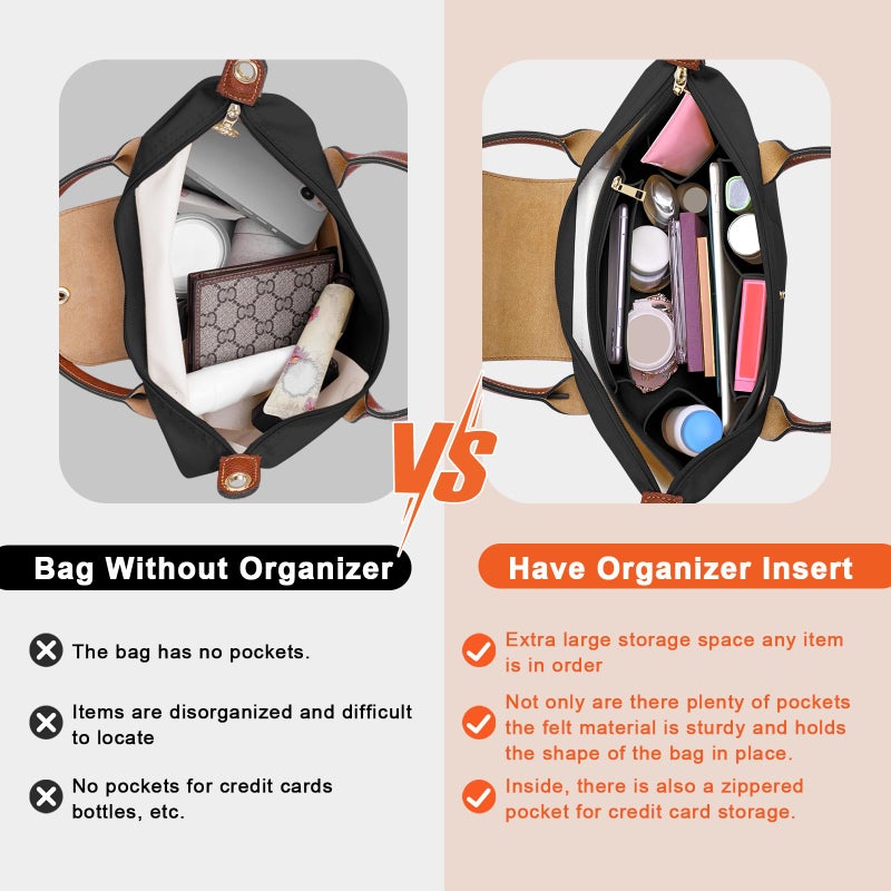LOUKAYCCI Purse Organizer Insert for Longchamp Le Pliage L Handbag Insert Felt Long Champ Tote Bag Organizer Insert with Cup (Black, Large) - Image 3