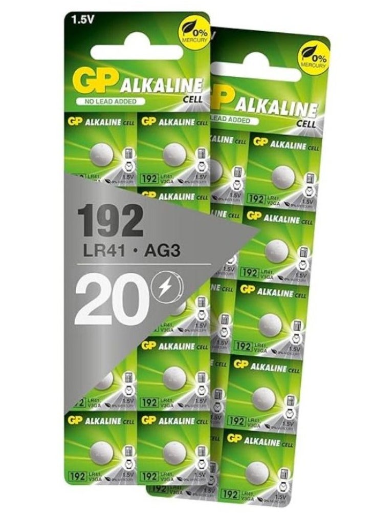 جي بي 20-Pieces GP (192) LR41 AG3 Alkaline Cell 0% Mercury 1.5V Batteries  - Image 1