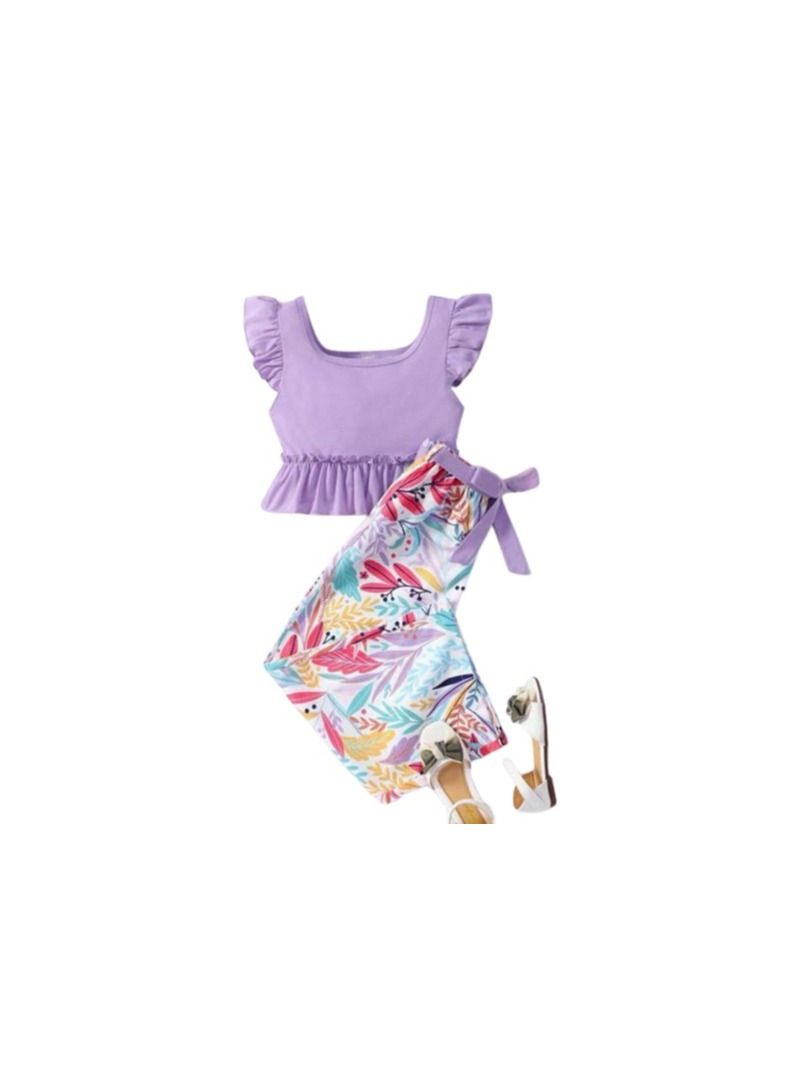 Girls' set consisting of a purple T-shirt and floral pants 