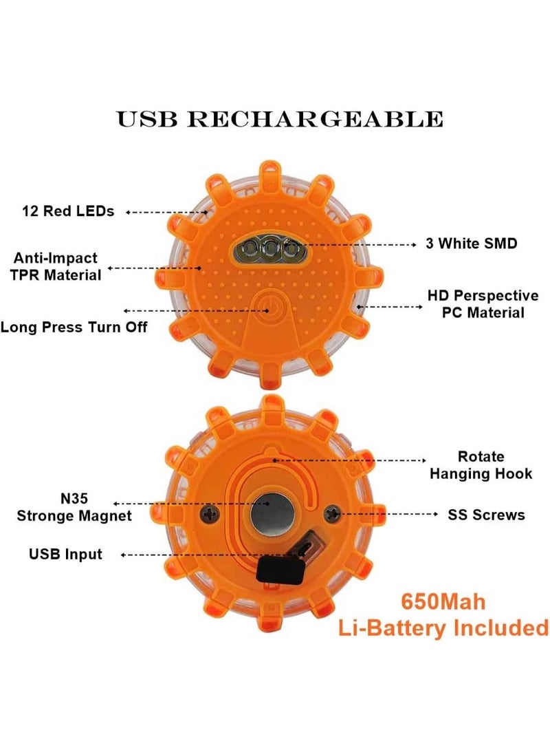 أضواء طوارئ LED قابلة لإعادة الشحن USB - أضواء تحذير على جانب الطريق إشارة أمان للسيارة على شكل قرص وامض مع قاعدة مغناطيسية للمركبات والقوارب | طقم ٣ أقراص إشارة - Image 4
